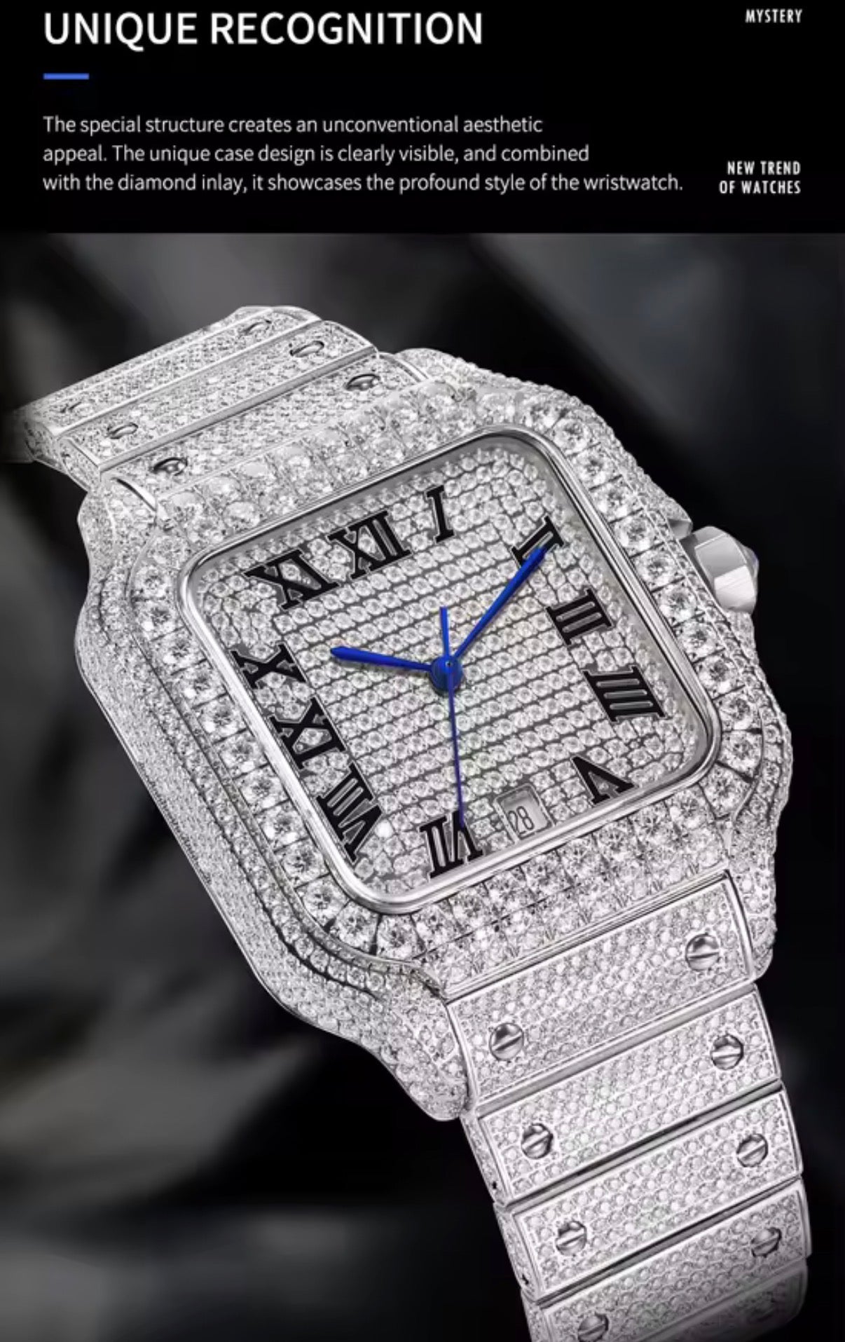 PINDU PD6669 iced square automatic watch silver bracelet, three-quarter side angle