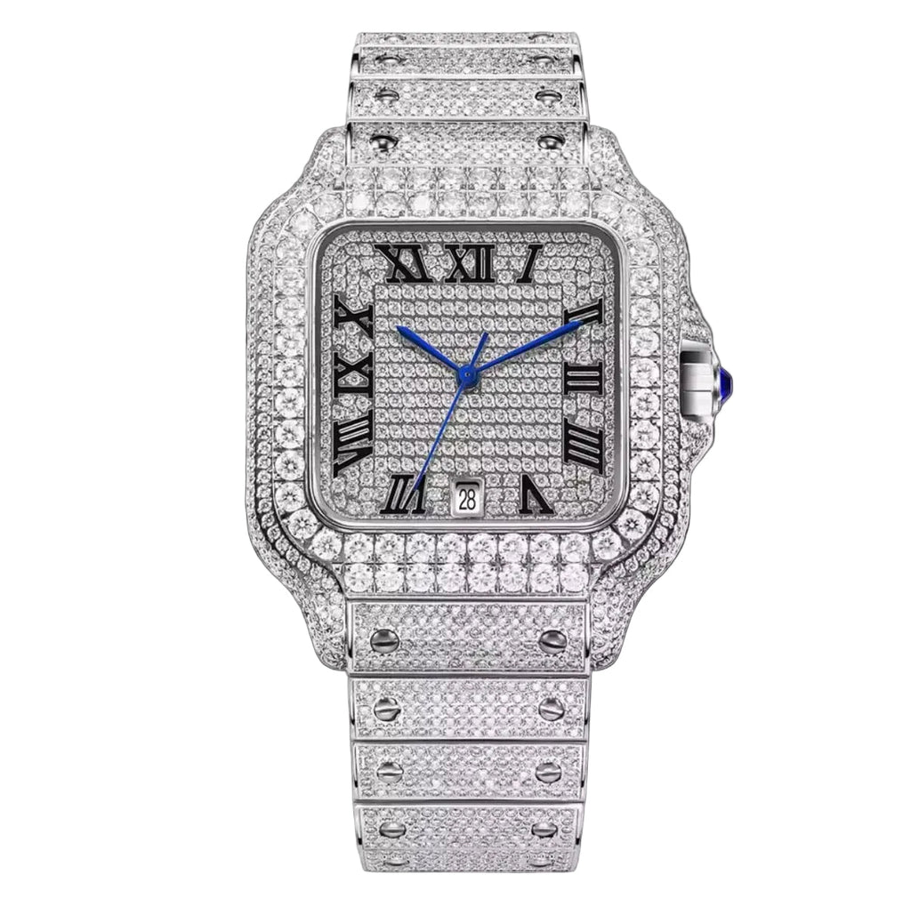 PINDU PD6669 iced square automatic watch with diamond pave dial and blue hands, front view