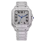 PINDU PD6669 iced square automatic watch with diamond pave dial and blue hands, front view