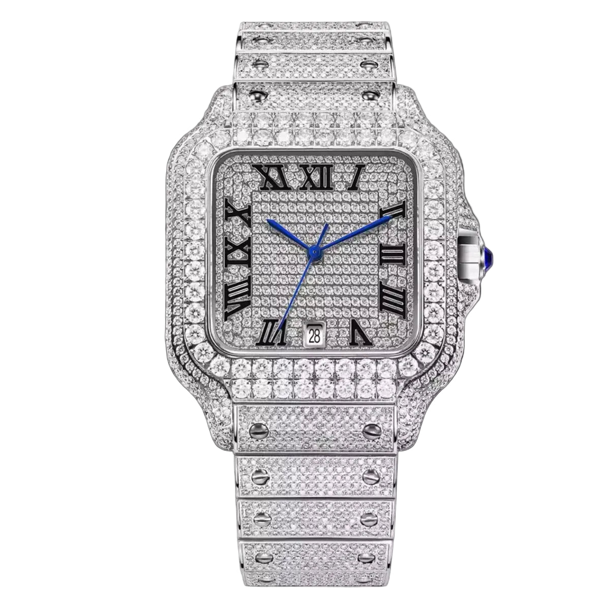 PINDU PD6669 iced square automatic watch with diamond pave dial and blue hands, front view