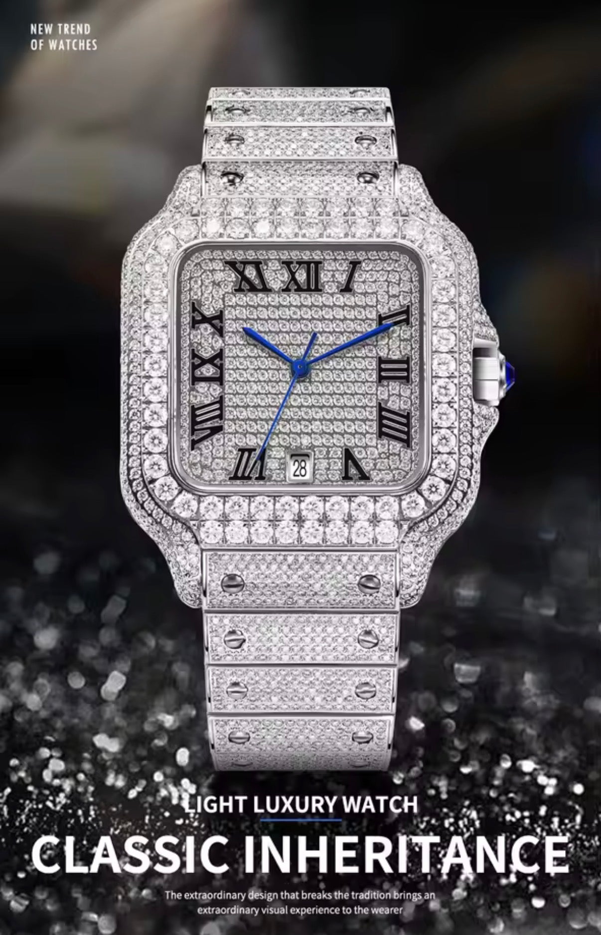 PINDU PD6669 Iced Dial square men's automatic watch with diamond pave dial and matching iced bracelet