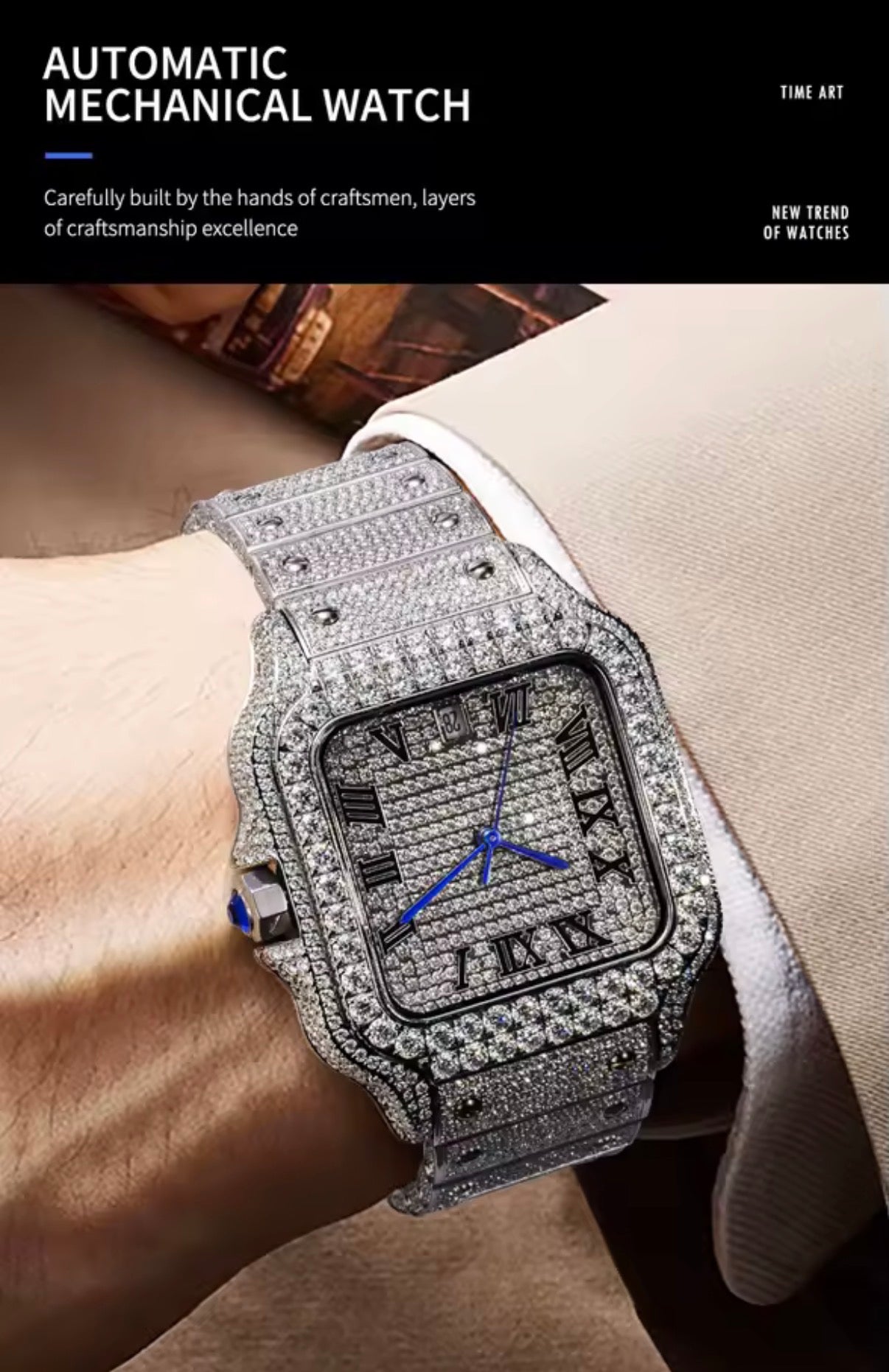 PINDU PD6669 Iced Dial square men's automatic watch with diamond bracelet worn on wrist