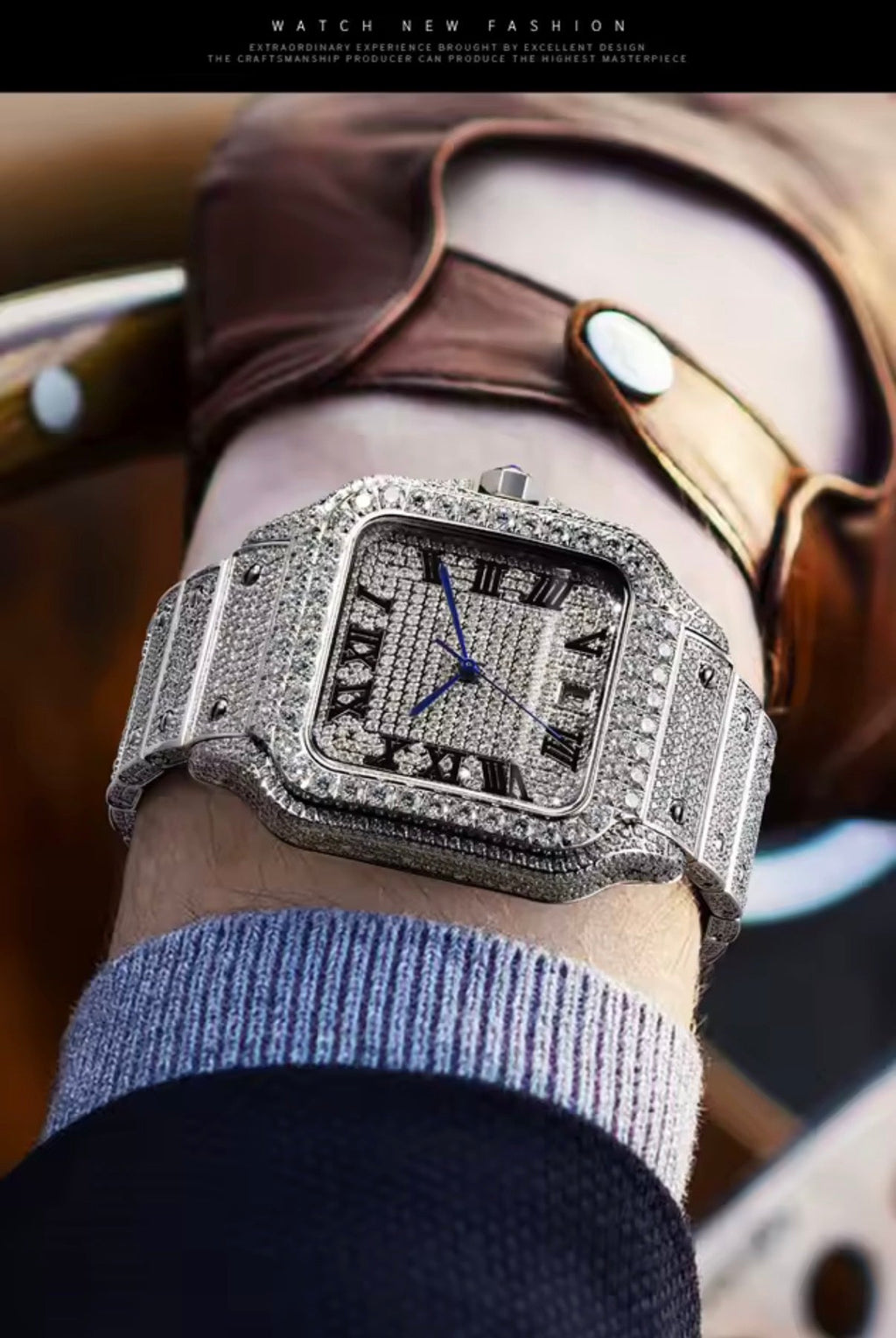 PINDU PD6669 Iced Dial square men's automatic watch with diamond bracelet on wrist closeup