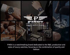 PINDU brand story collage: workshop, boutique and movement shots for the luxury watch line