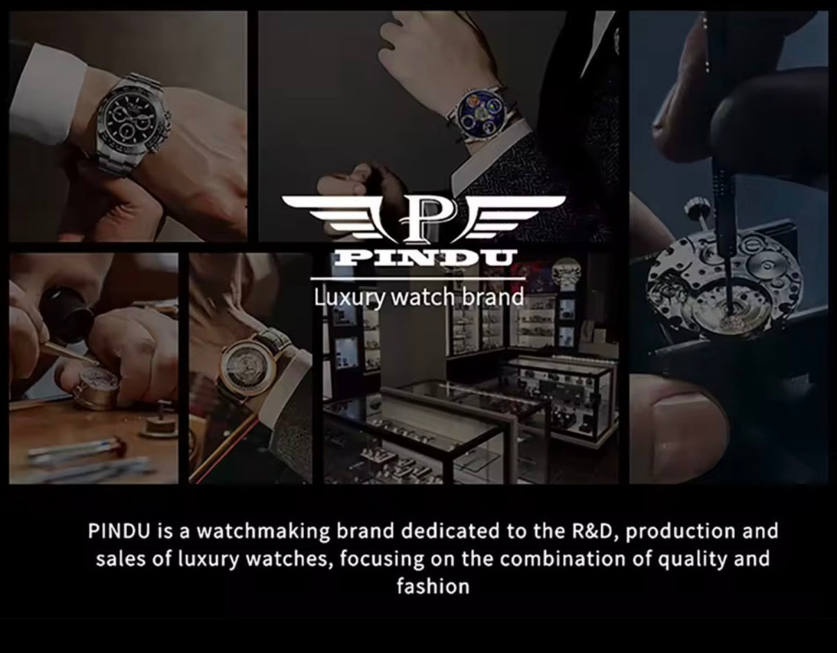 PINDU brand story collage: workshop, boutique and movement shots for the luxury watch line