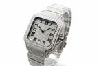 PINDU PD6669 iced square watch at an angle, showing paved bezel and blue cabochon crown
