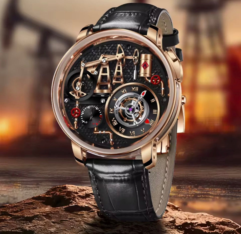 PINDU PD6673 Oil Pump skeleton watch with rose gold case on wrist with plaid jacket
