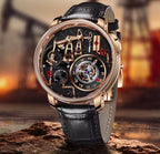PINDU PD6673 Oil Pump skeleton watch with rose gold case on wrist with plaid jacket