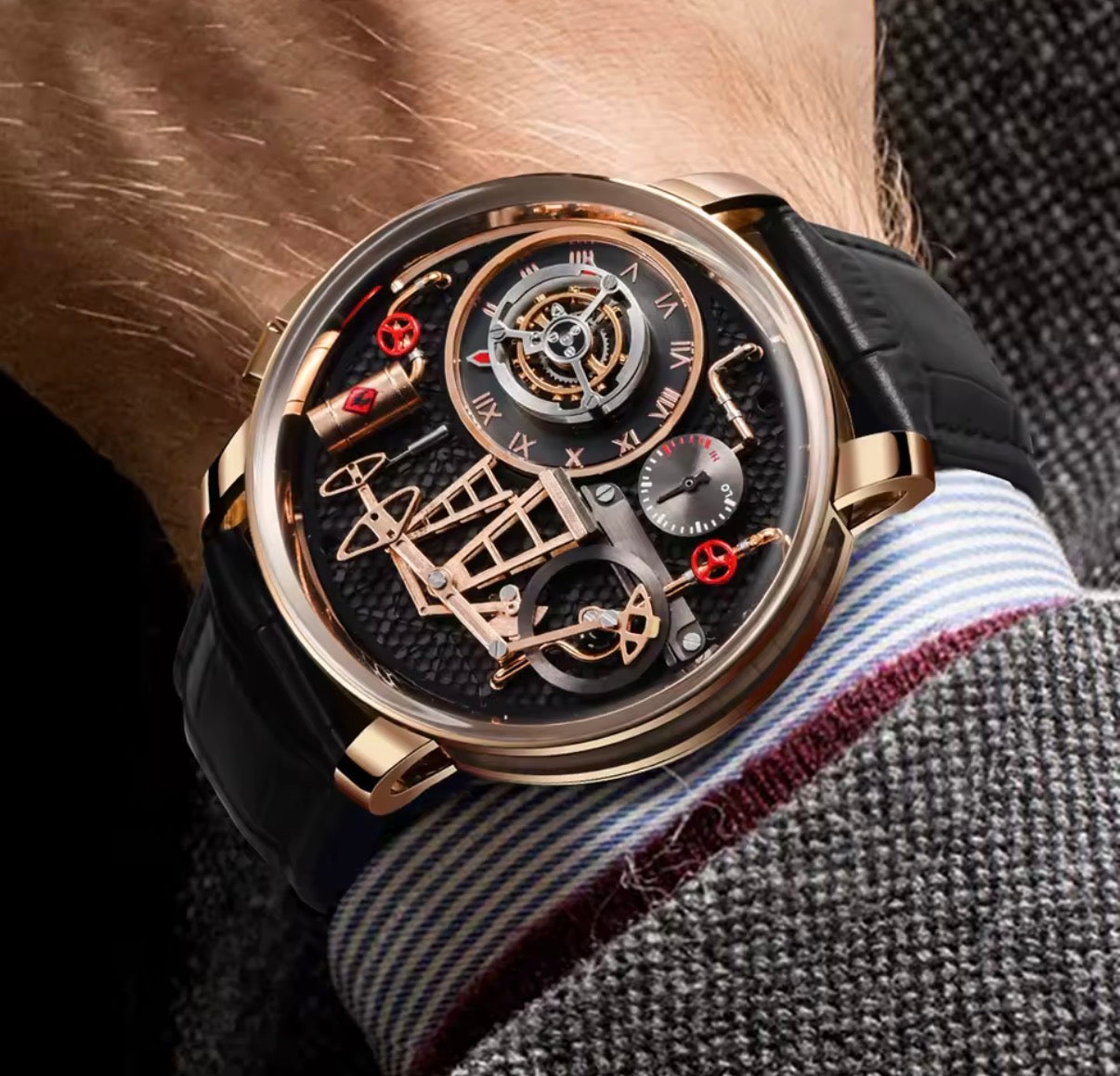 PINDU PD6673 Oil Pump skeleton tourbillon watch with rose gold case and black dial