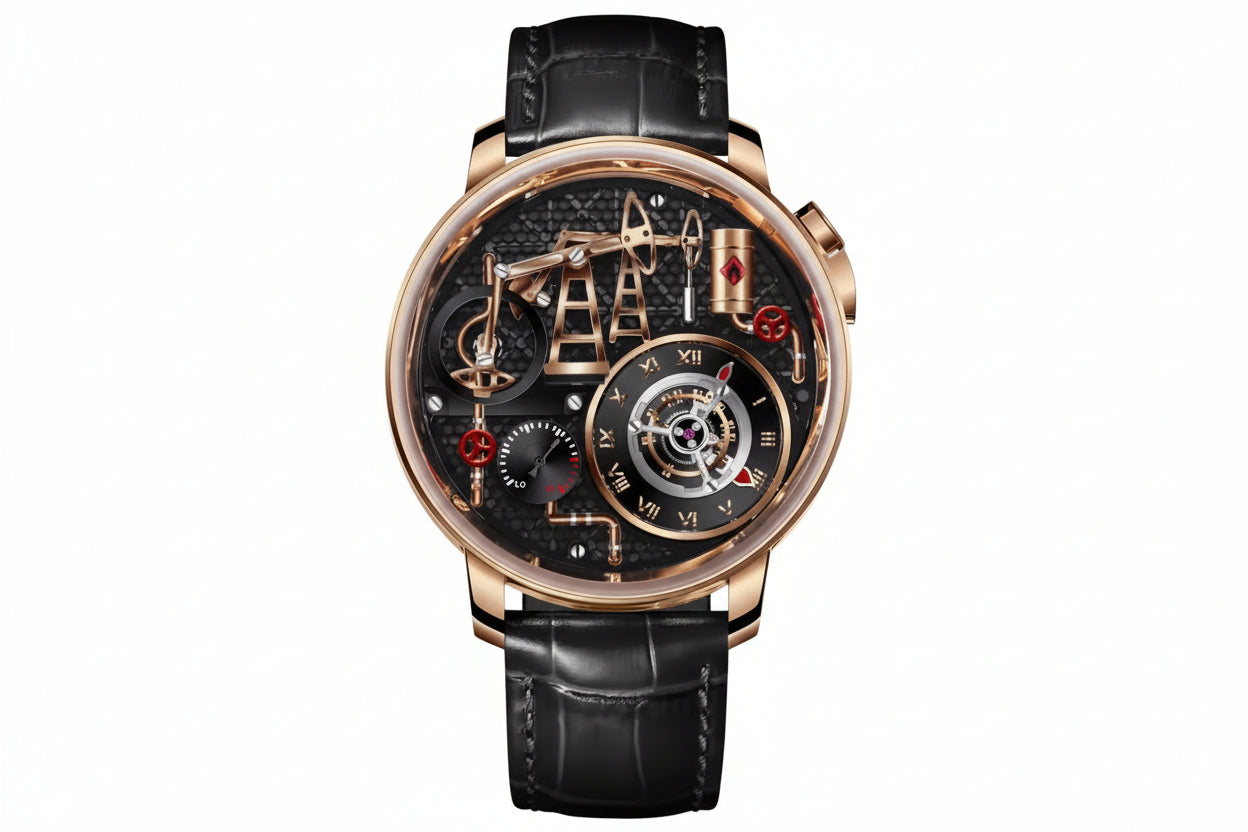 PINDU PD6673 Oil Pump skeleton quartz rose gold case black leather strap front view