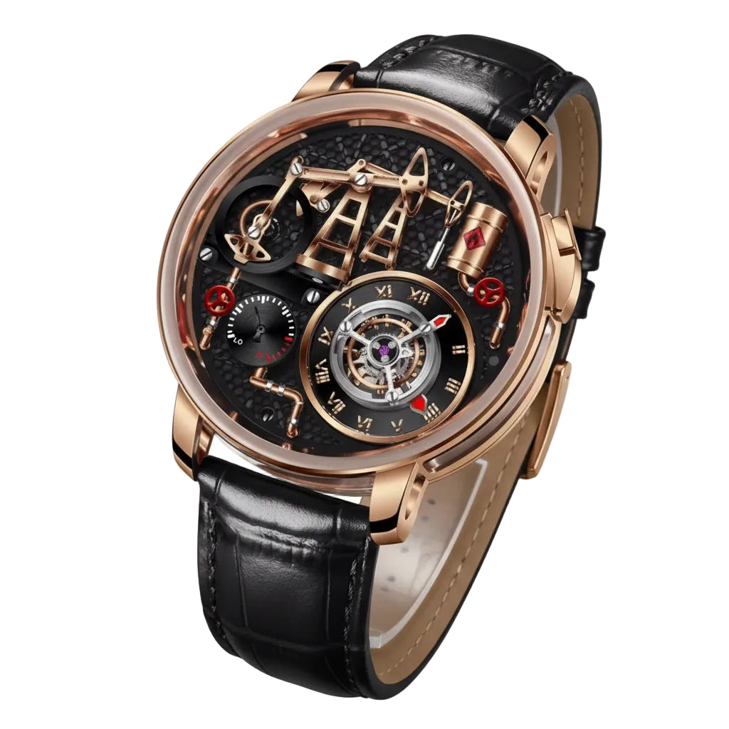 PINDU PD6673 Oil Pump skeleton quartz rose gold case black leather strap angled view