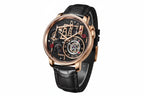 PINDU PD6673 Oil Pump skeleton quartz with black dial, rose gold case and black leather, angled