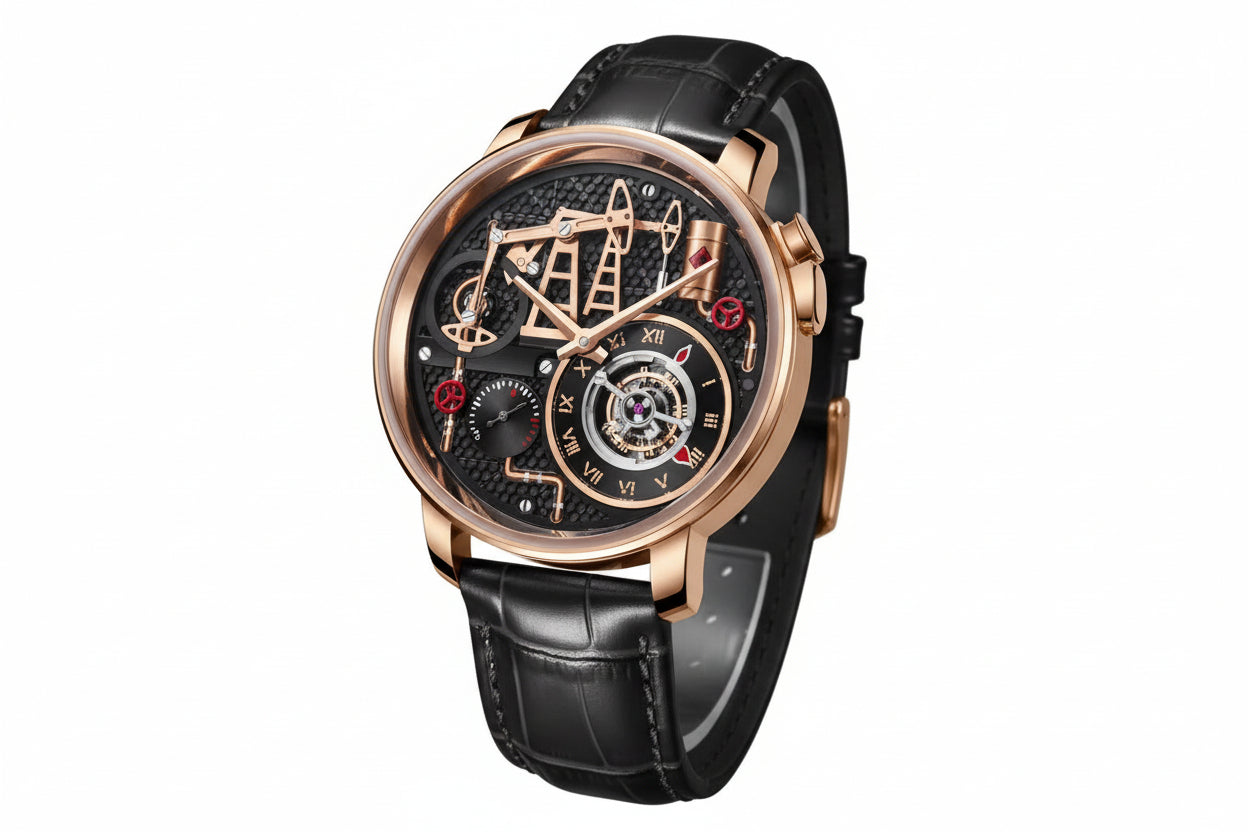 PINDU PD6673 Oil Pump skeleton quartz with black dial, rose gold case and black leather, angled