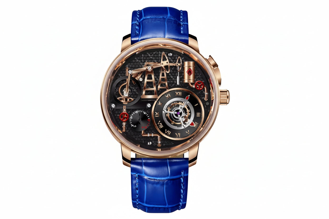PINDU PD6673 Oil Pump skeleton quartz rose gold case with blue leather strap, front view
