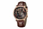 PINDU PD6673 Oil Pump skeleton quartz rose gold case with brown leather strap, front view