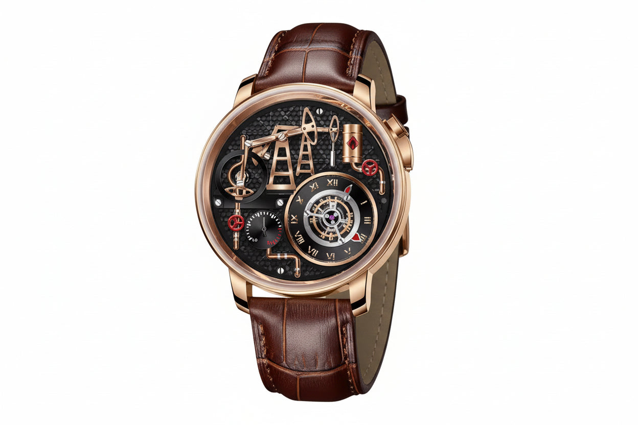 PINDU PD6673 Oil Pump skeleton quartz rose gold case with brown leather strap, front view