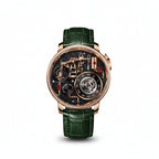 PINDU PD6673 Oil Pump skeleton quartz rose gold case with green leather strap, front view