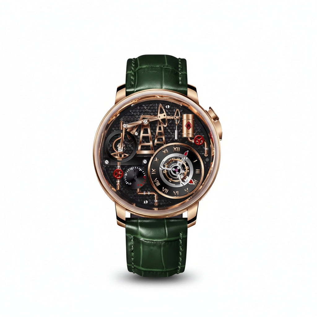 PINDU PD6673 Oil Pump skeleton quartz rose gold case with green leather strap, front view