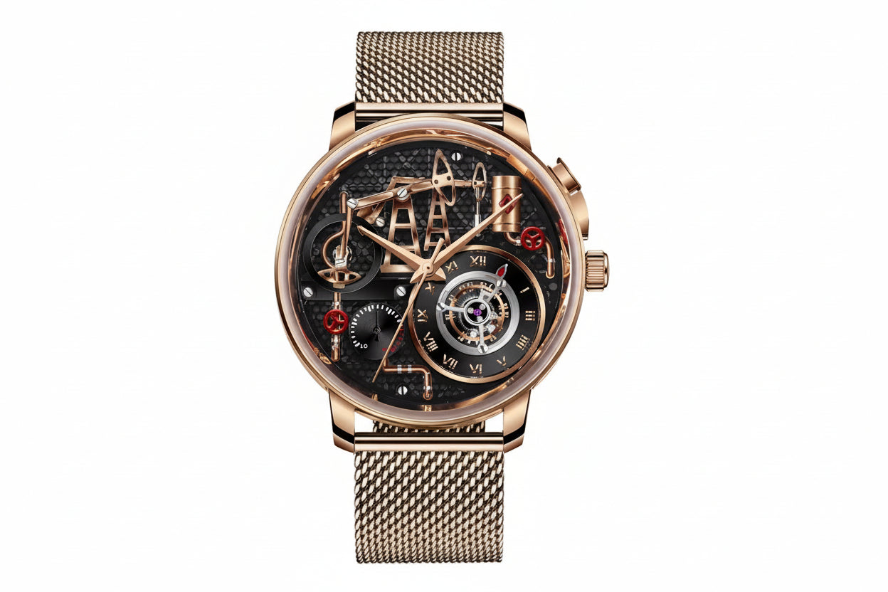 PINDU PD6673 Oil Pump skeleton quartz rose gold mesh bracelet front view