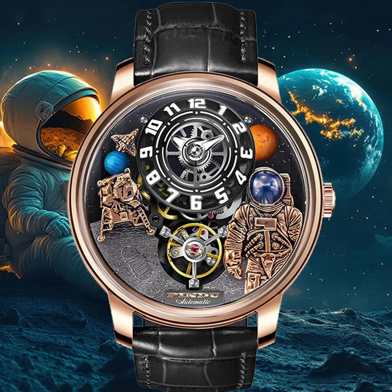 Pindu W2101B Space Series mechanical watch with three-dimensional astronaut and planet motif dial, rose gold case, black leather strap, pictured against a cosmic background promotional image