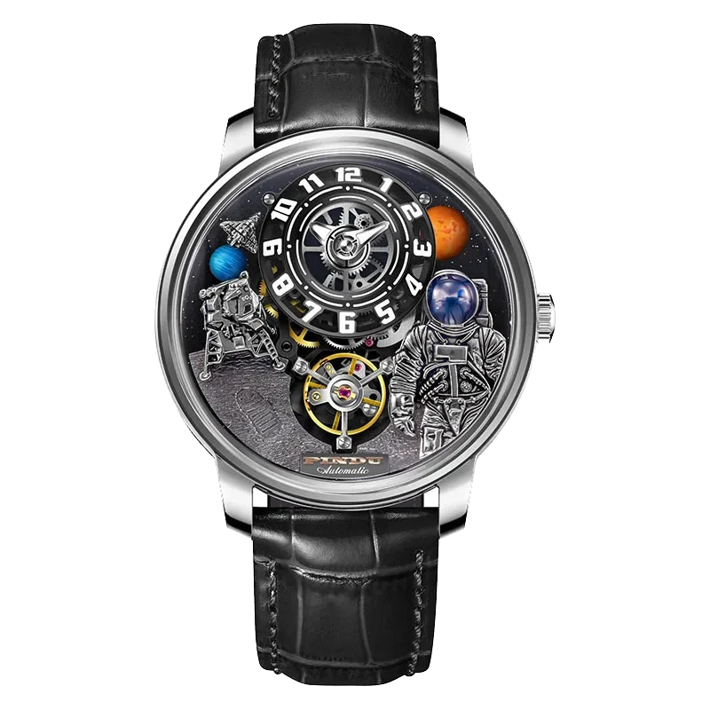 PINDU W2101B Space Series mechanical watch featuring a three-dimensional astronaut and planet motif dial, silver stainless steel case, sapphire crystal, black leather strap, front view