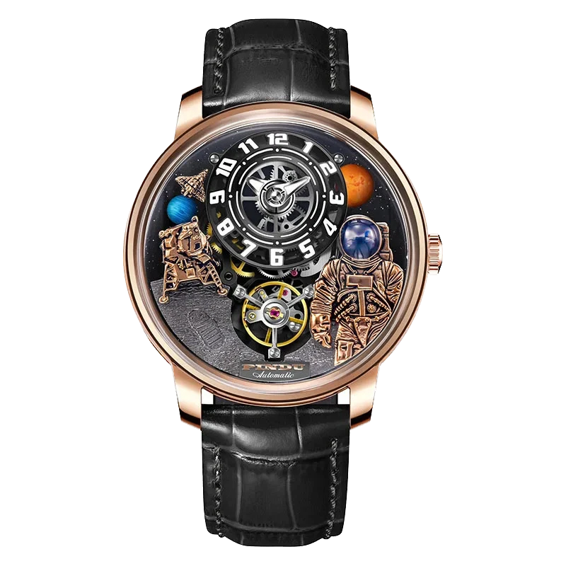 PINDU W2101B Space Series mechanical watch featuring a three-dimensional astronaut and planet motif dial, rose gold case, sapphire crystal, black leather strap, front view