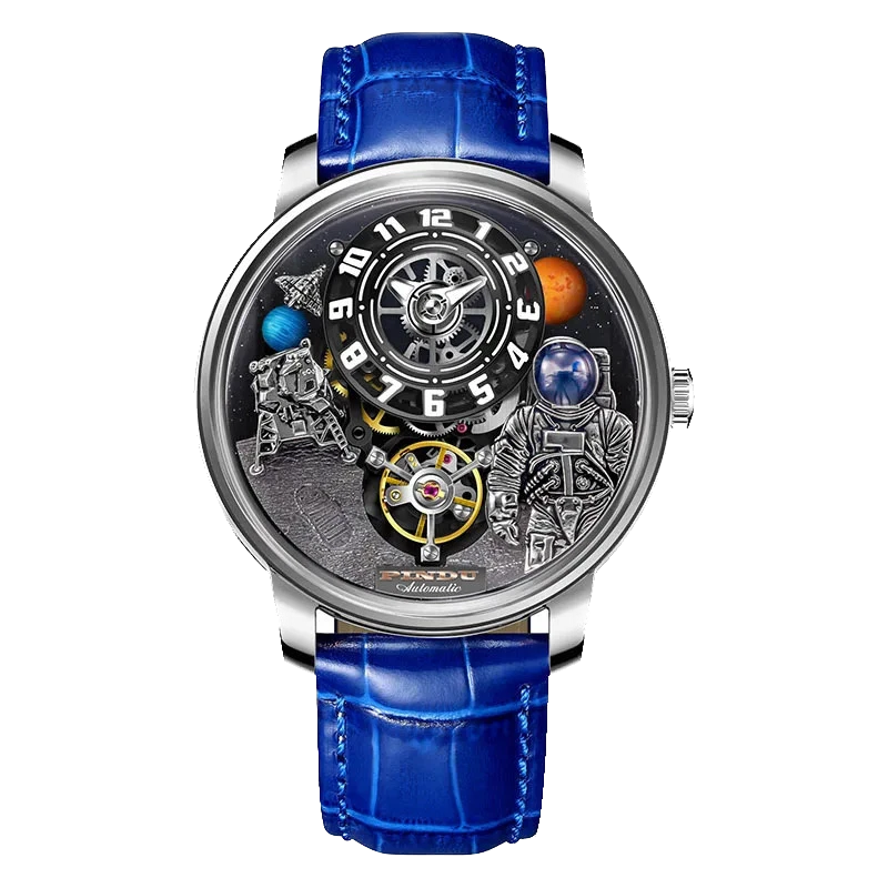 PINDU W2101B Space Series mechanical watch featuring a three-dimensional astronaut and planet motif dial, silver stainless steel case, sapphire crystal, blue leather strap, front view