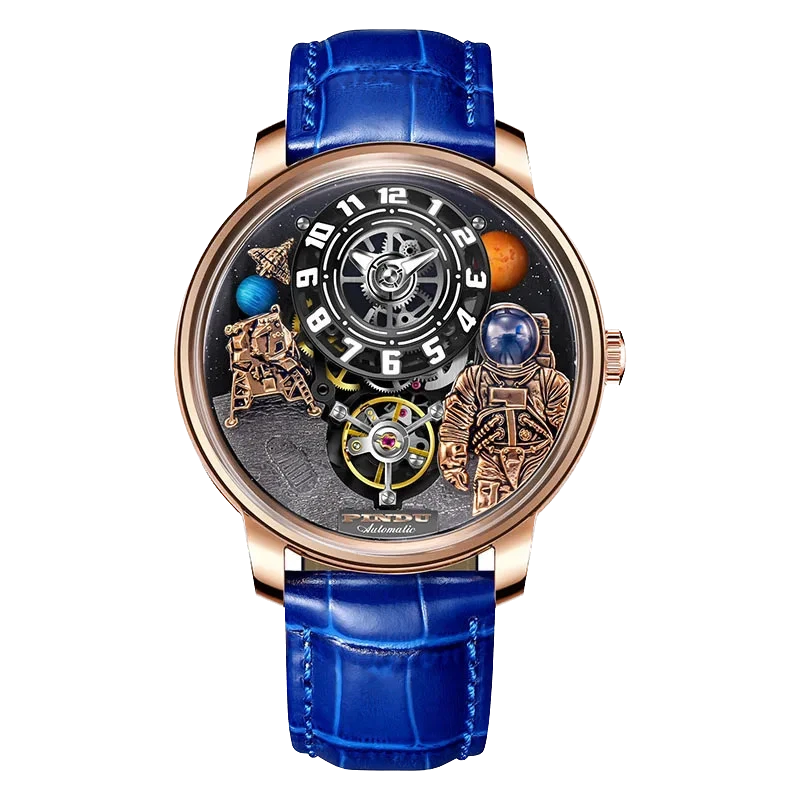 PINDU W2101B Space Series mechanical watch featuring a three-dimensional astronaut and planet motif dial, rose gold case, sapphire crystal, blue leather strap, front view