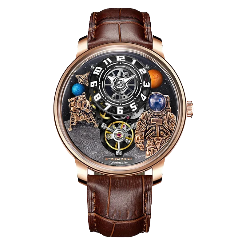 PINDU W2101B Space Series mechanical watch featuring a three-dimensional astronaut and planet motif dial, rose gold case, sapphire crystal, brown leather strap, front view
