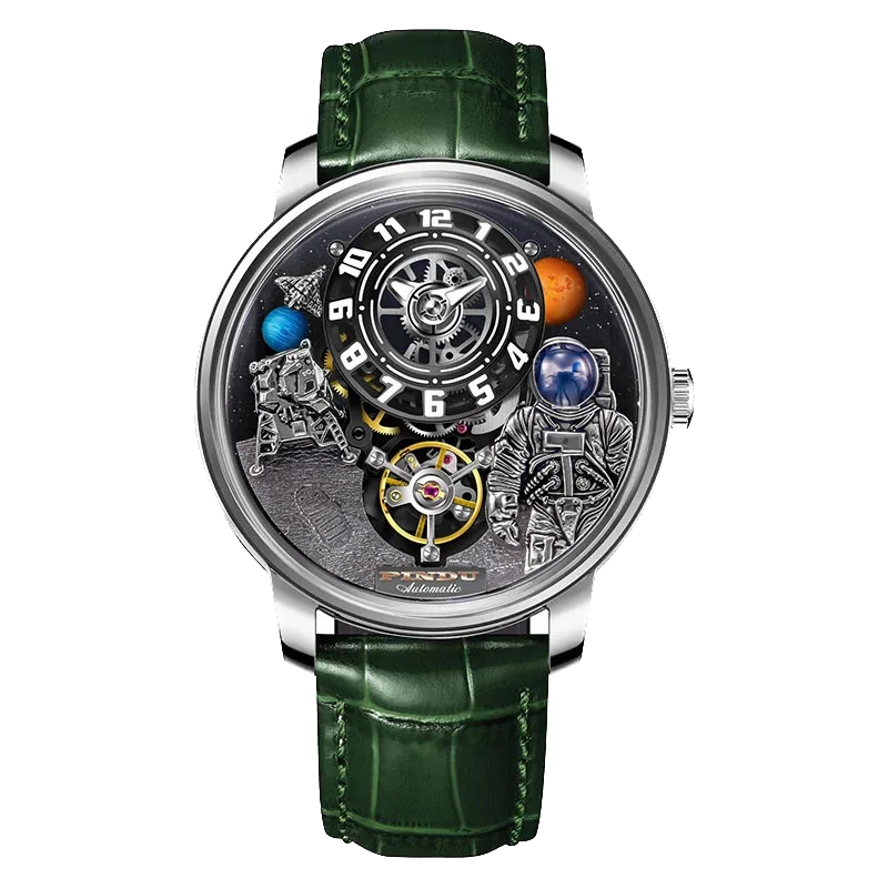 PINDU W2101B Space Series mechanical watch featuring a three-dimensional astronaut and planet motif dial, silver stainless steel case, sapphire crystal, green leather strap, front view