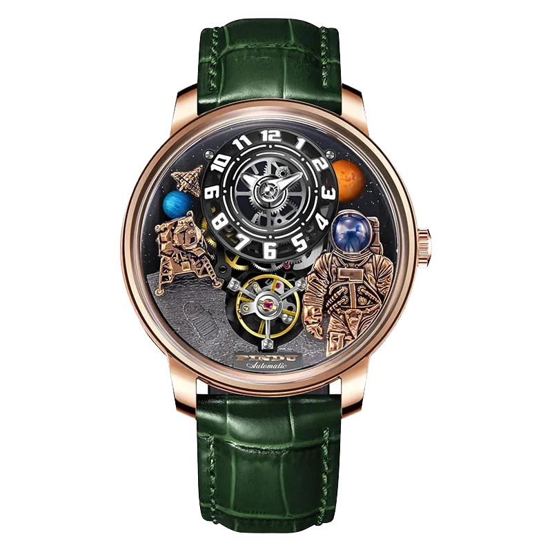 PINDU W2101B Space Series mechanical watch featuring a three-dimensional astronaut and planet motif dial, rose gold case, sapphire crystal, green leather strap, front view