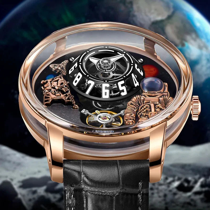 Side view of Pindu W2101B Space Series mechanical watch with dome sapphire crystal and three-dimensional astronaut and planet motif dial, rose gold case and black leather strap, photographed with cosmic background.