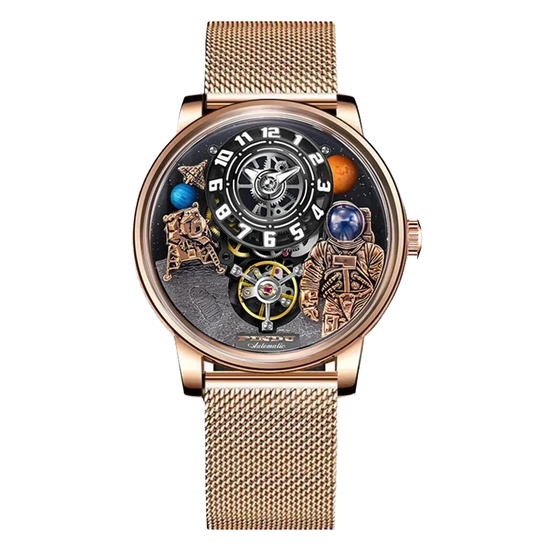 PINDU W2101B Space Series mechanical watch featuring a three-dimensional astronaut and planet motif dial, rose gold case, sapphire crystal, mesh bracelet strap, front view