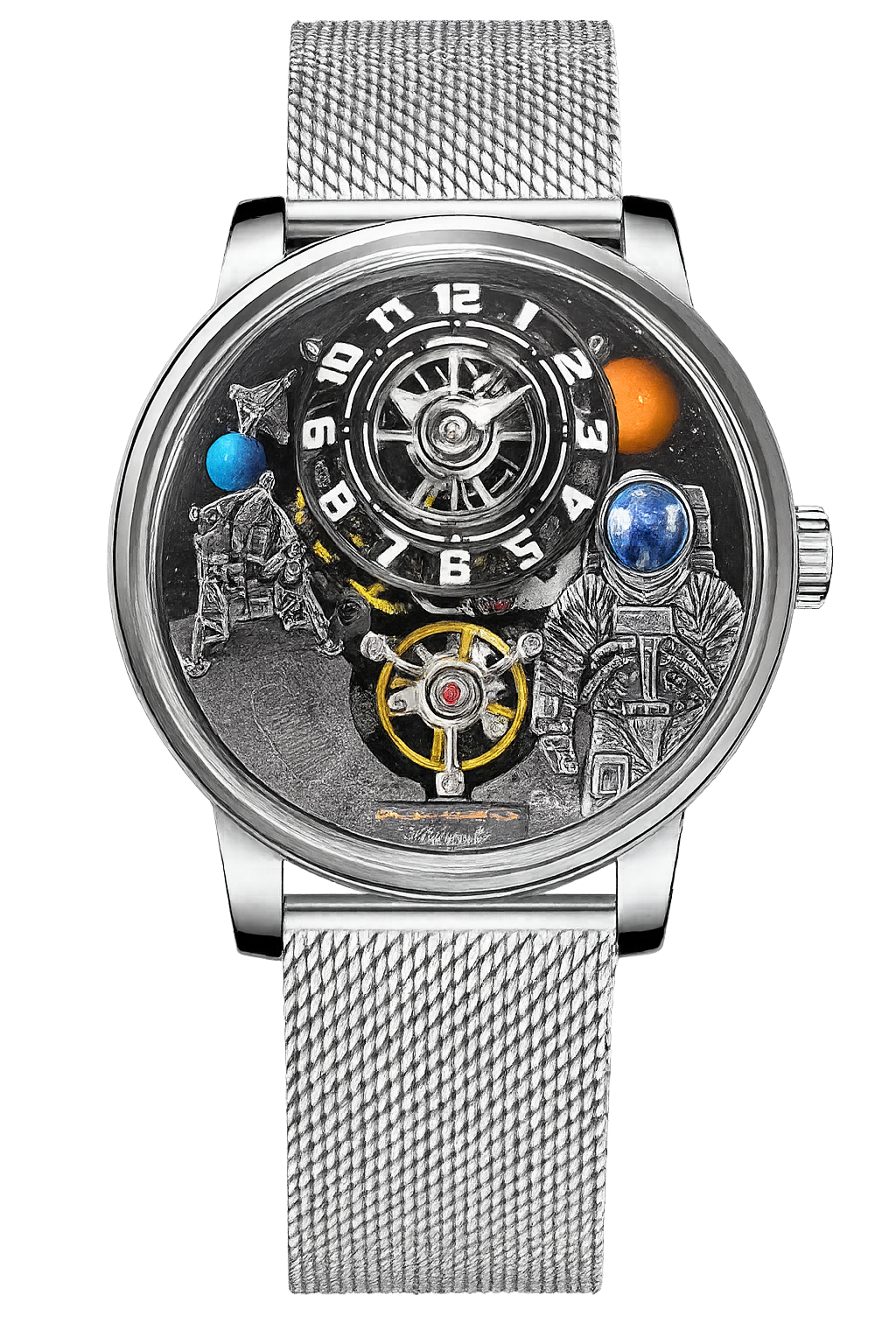 Pindu W2101B Space Series mechanical watch featuring three-dimensional astronaut and planet motif dial, silver stainless steel case and mesh bracelet, sapphire crystal, and mechanical movement.