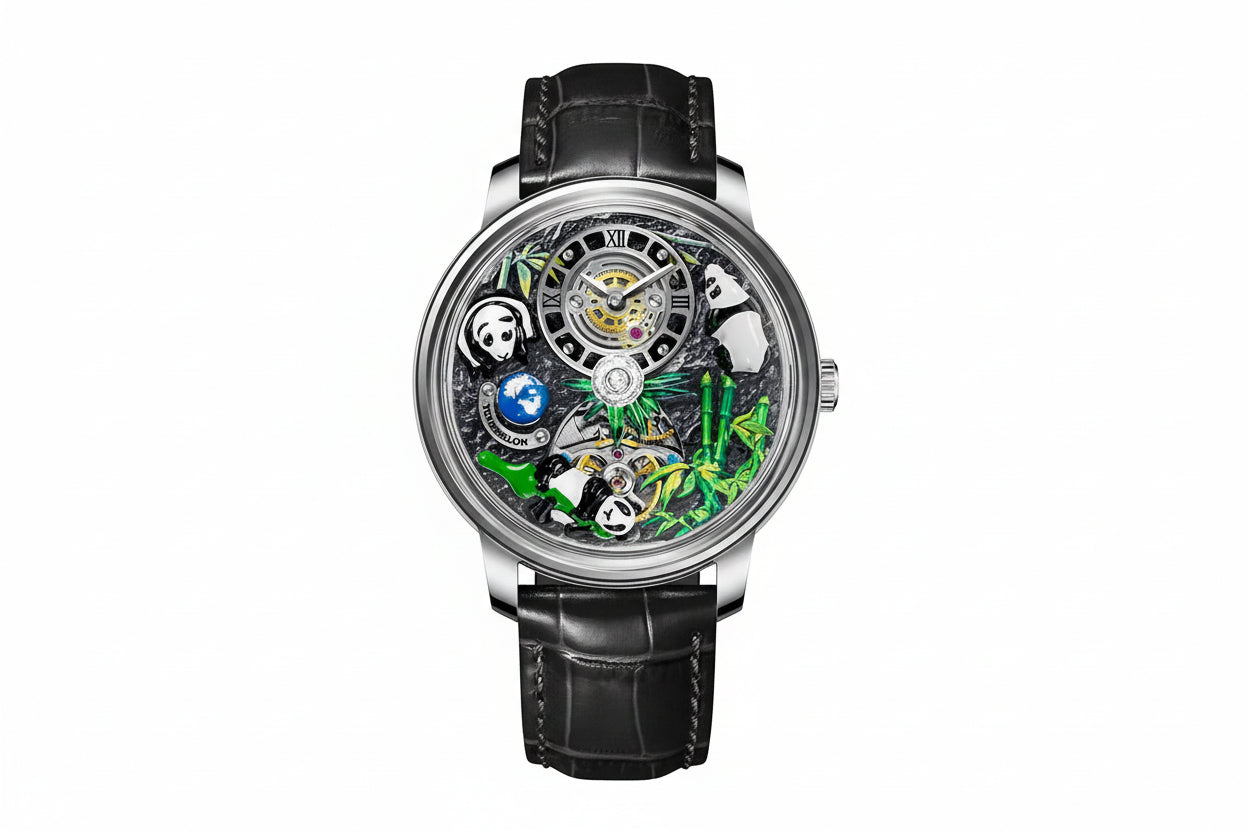 PINDU National Treasure Symbol  Rotating Crystal Ball with black silver dial, angled view