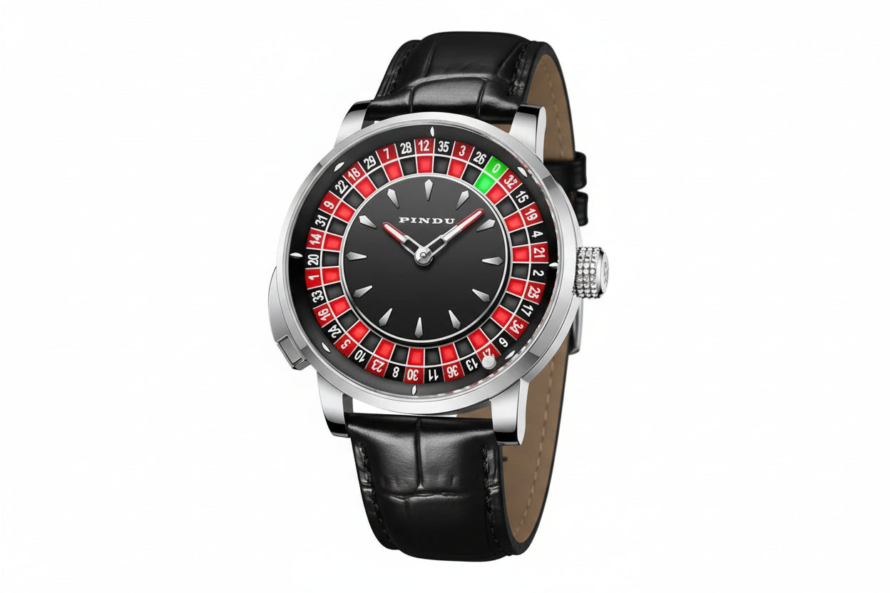PINDU SILVER CASE Roulette Watches Game Turntable NH35A with silver black 2 dial, detail view