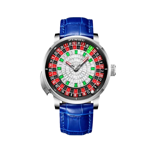 PINDU SILVER CASE Roulette Watches Game Turntable NH35A with silver blue 1 dial, angled view