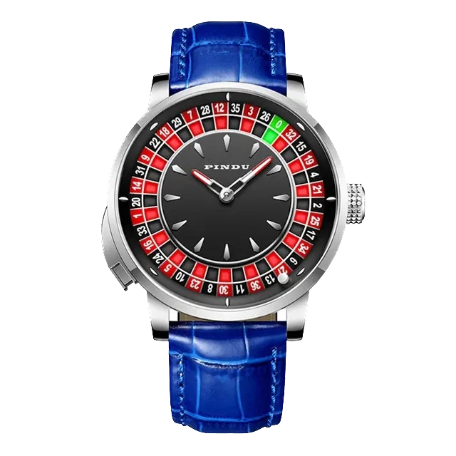 PINDU SILVER CASE Roulette Watches Game Turntable NH35A with silver blue 2 dial, shown on wrist