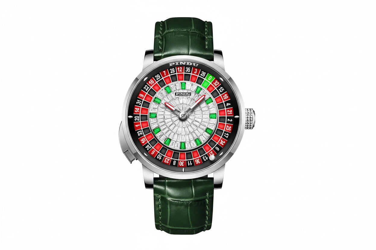 PINDU SILVER CASE Roulette Watches Game Turntable NH35A with silver green 1 dial, side view