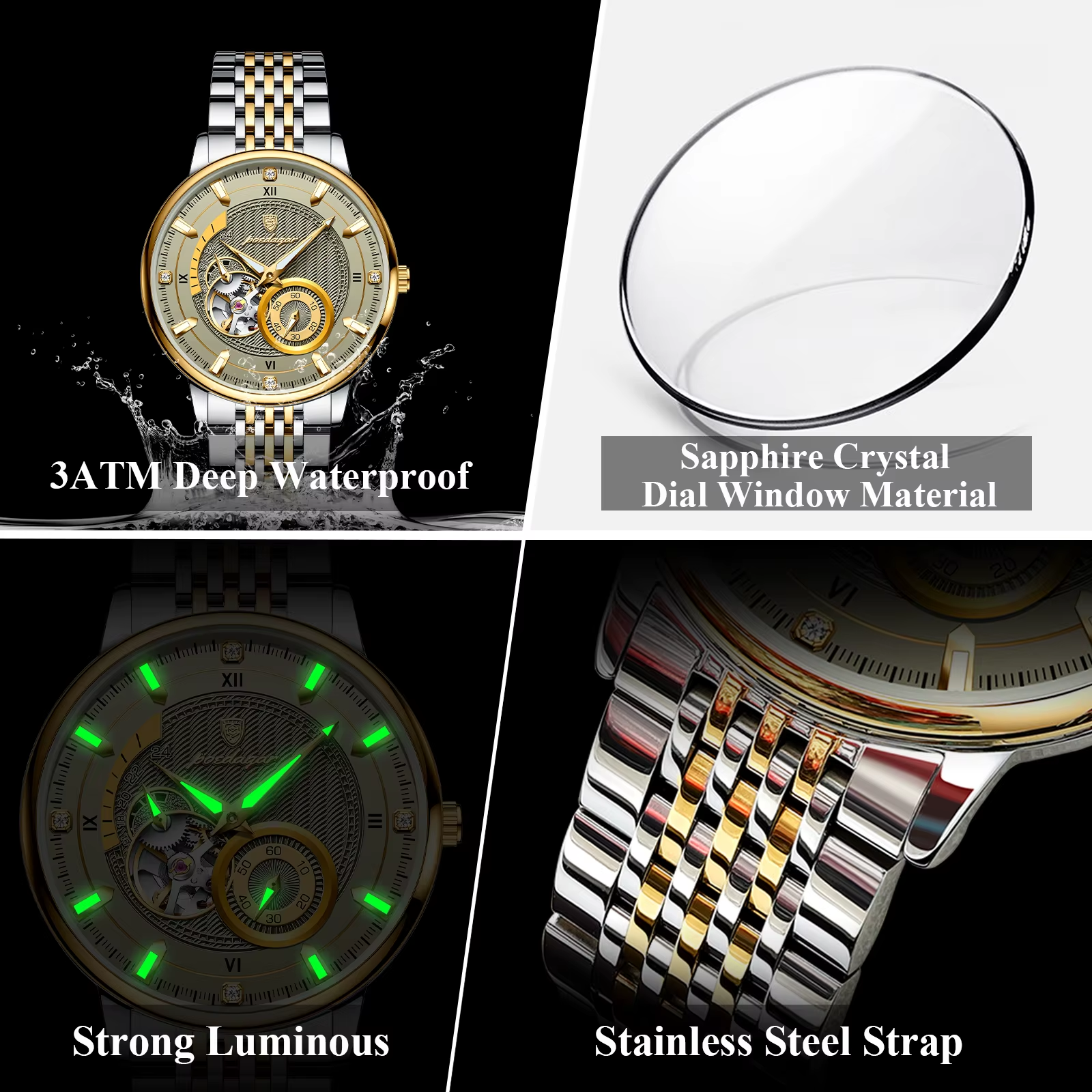 POEDAGAR 1416 tourbillon watch angled view black dial silver steel bracelet