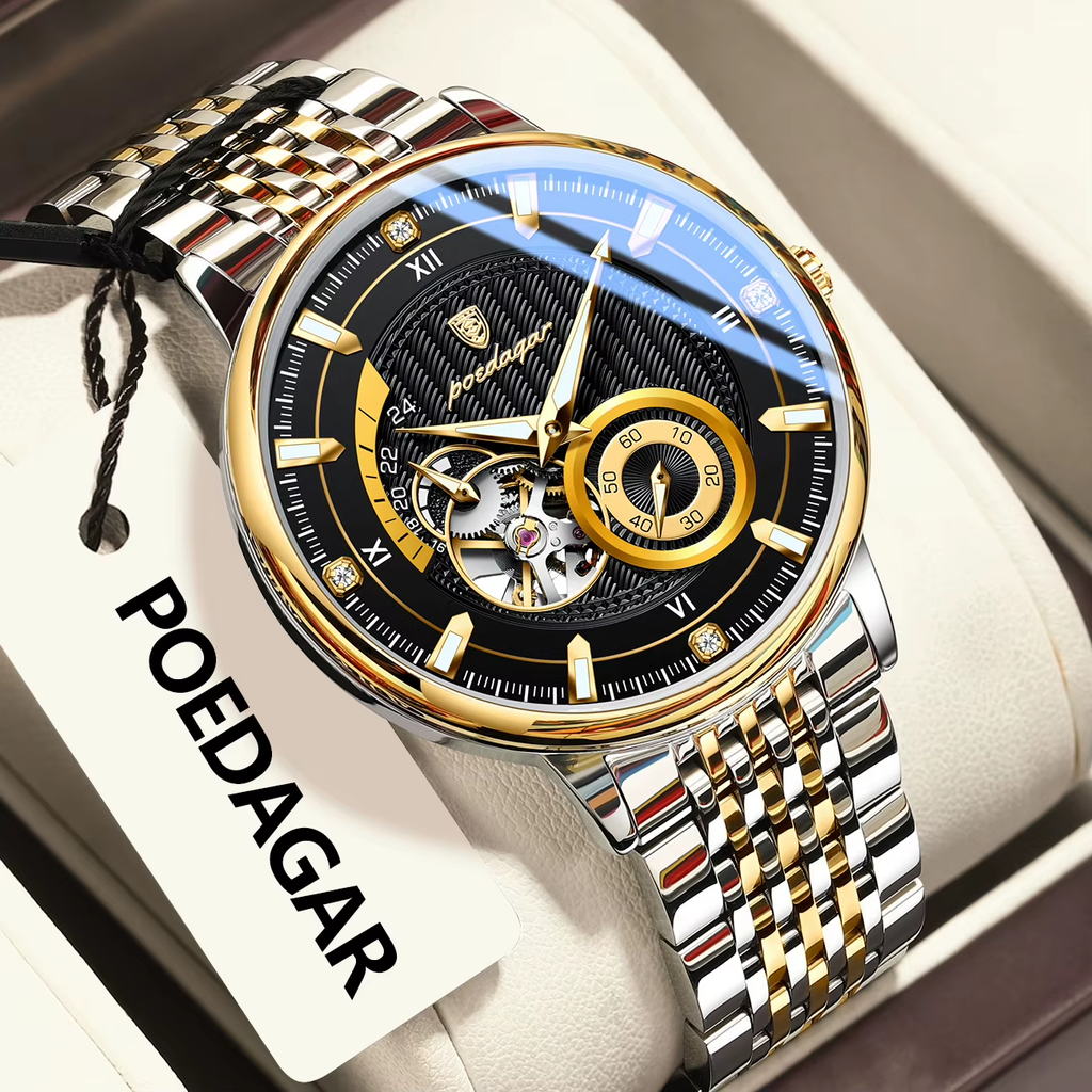 POEDAGAR 1416 tourbillon watch angled view black dial gold bezel two-tone bracelet