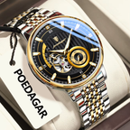 POEDAGAR 1416 tourbillon watch angled view black dial gold bezel two-tone bracelet