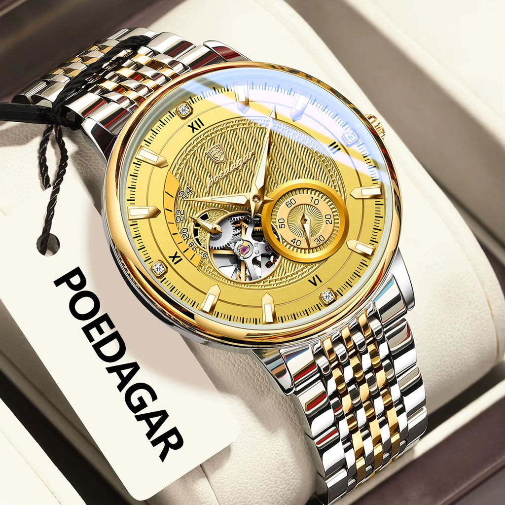 POEDAGAR 1416 tourbillon watch angled view gold dial gold bezel two-tone bracelet