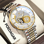 POEDAGAR 1416 tourbillon watch angled view white dial gold bezel two-tone bracelet