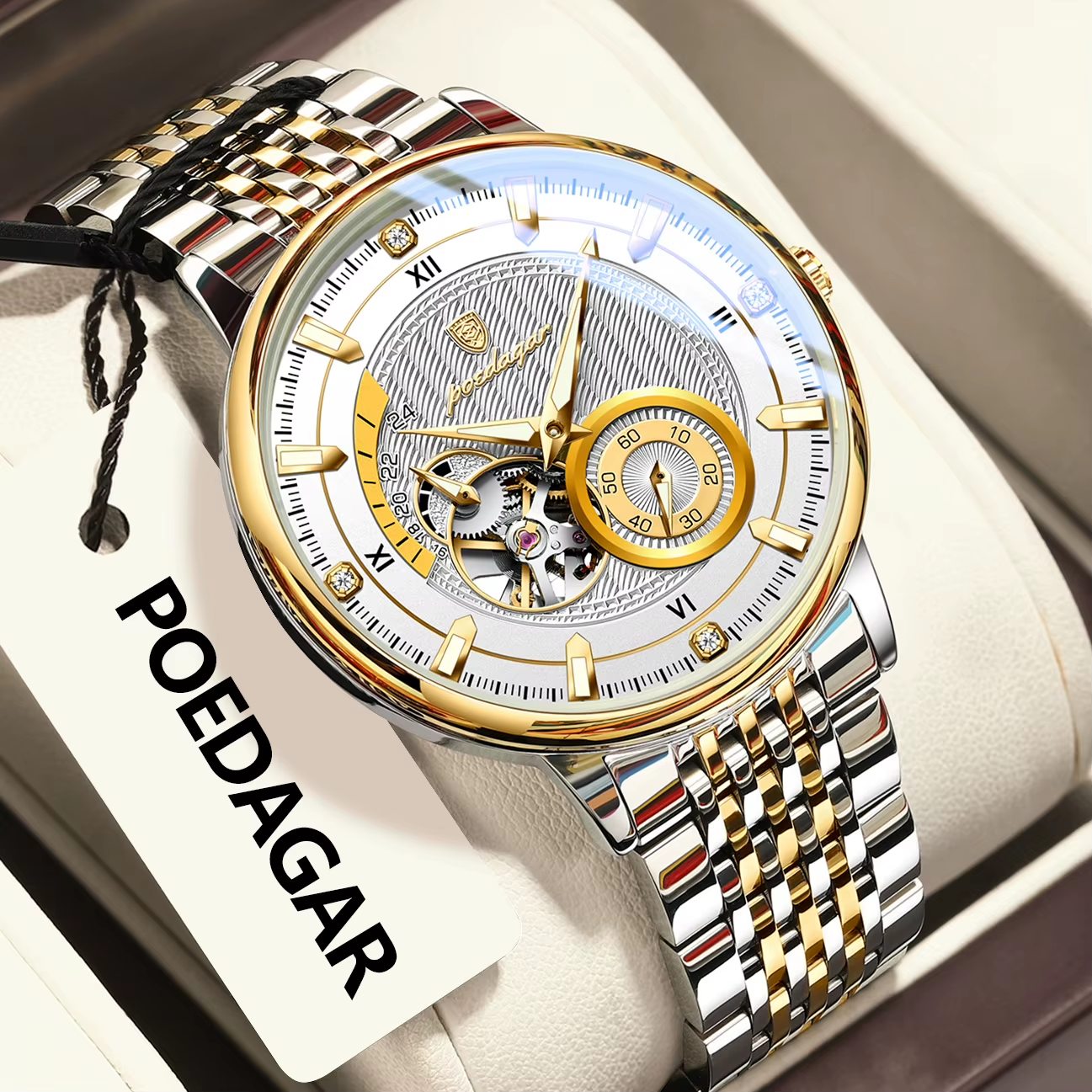 POEDAGAR 1416 tourbillon watch angled view white dial gold bezel two-tone bracelet