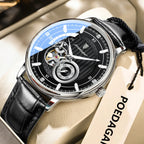 POEDAGAR 1416 tourbillon leather watch angled view black dial black leather strap