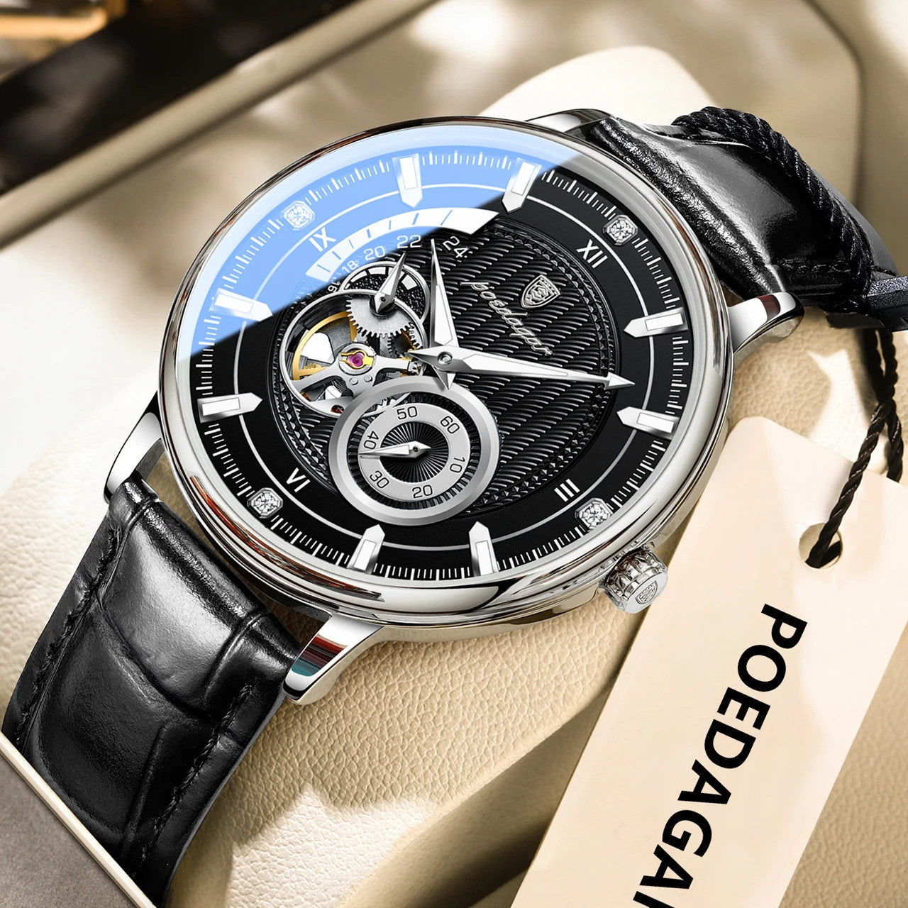 POEDAGAR 1416 tourbillon leather watch angled view black dial black leather strap