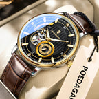 POEDAGAR 1416 hollow tourbillon automatic leather watch with black dial, front view