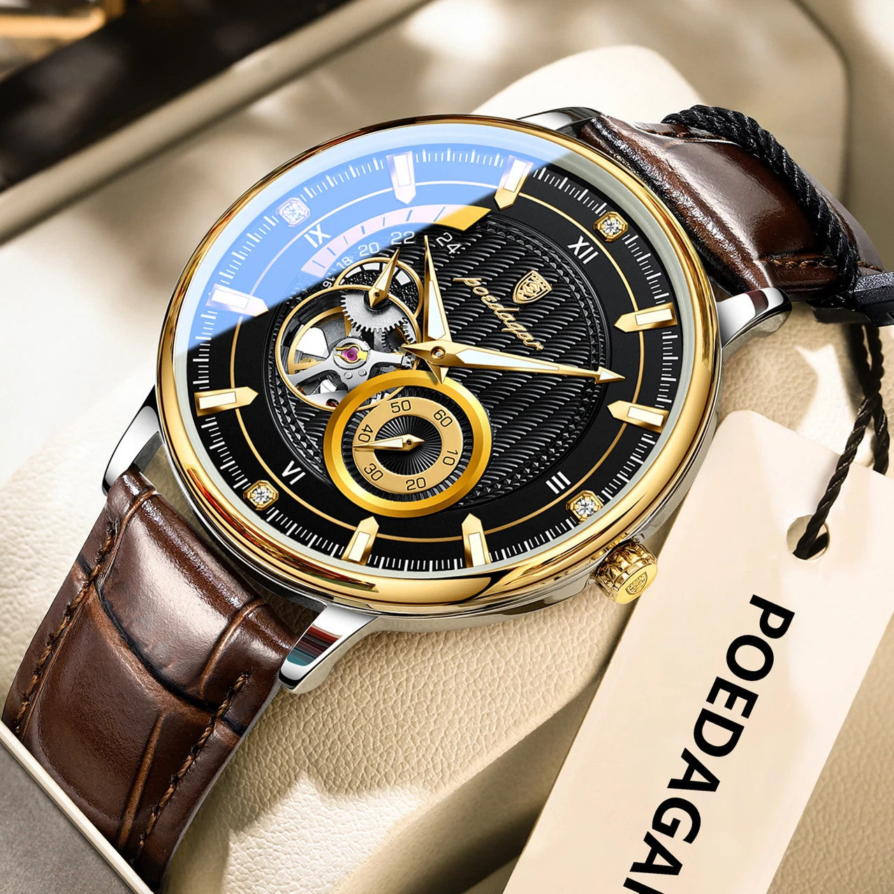 POEDAGAR 1416 hollow tourbillon automatic leather watch with black dial, front view