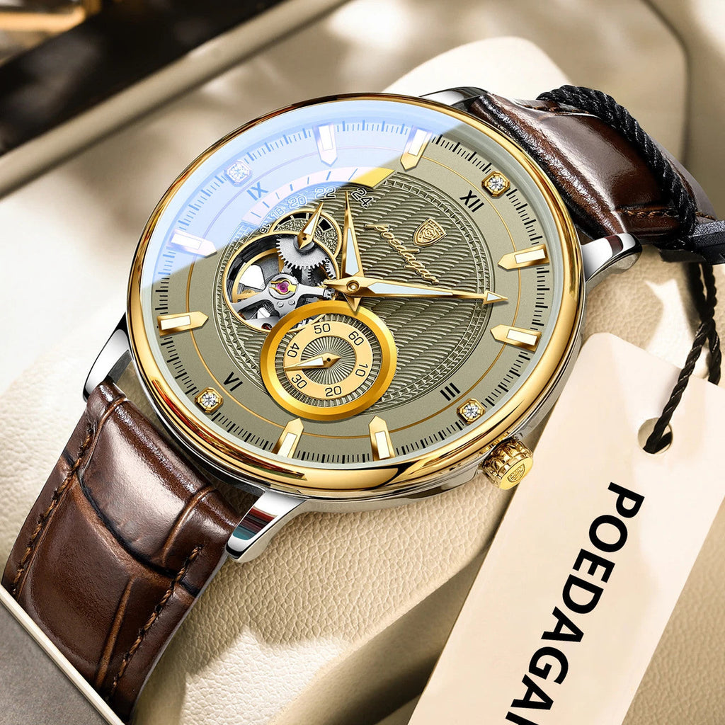 POEDAGAR 1416 tourbillon leather watch angled view gold dial brown leather strap